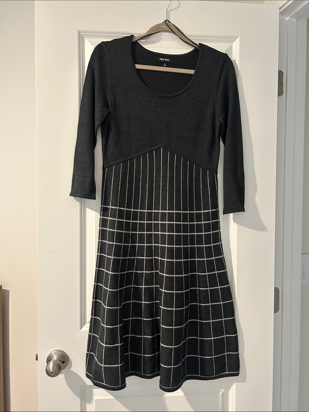 Never Worn Nine West Gray Knit Fit-and-Flare Dress with Windowpane Pattern